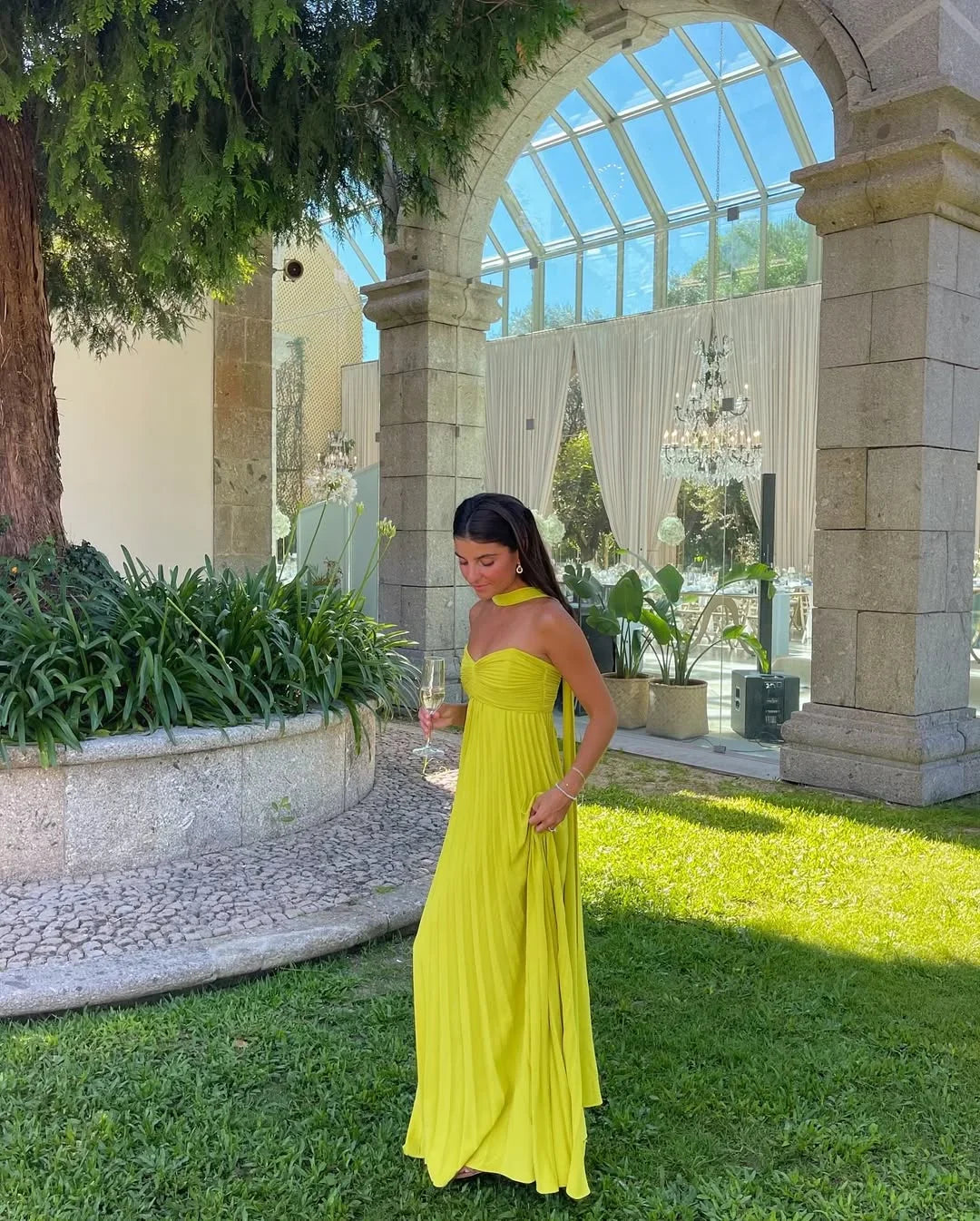 Women's Elegant Yellow Pleated Wedding Guest Dress | Maxi