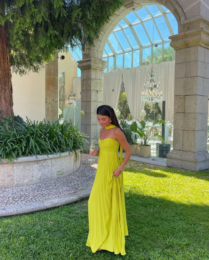 Women's Elegant Yellow Pleated Wedding Guest Dress | Maxi