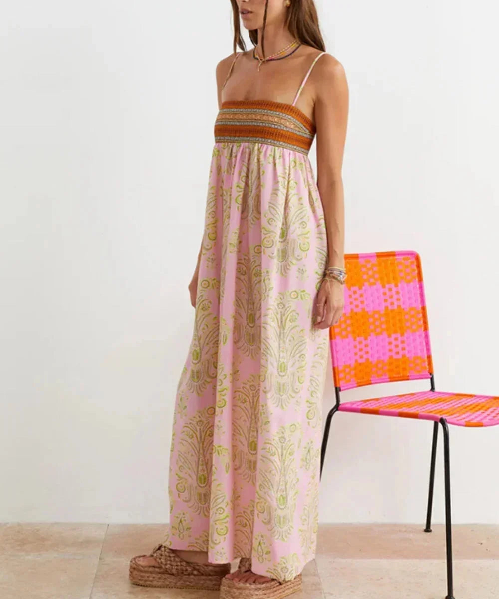 Women's Elegant Summer Print Pink Boho Dress | Maxi