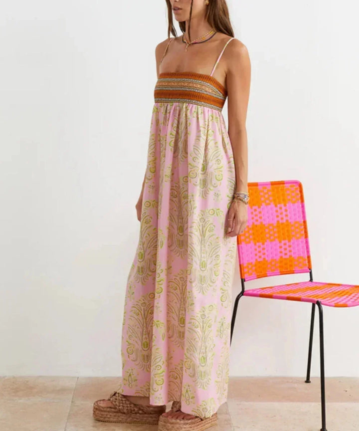 Women's Elegant Summer Print Pink Boho Dress | Maxi
