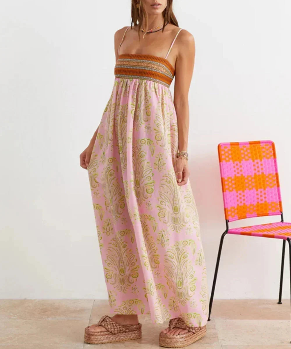 Women's Elegant Summer Print Pink Boho Dress | Maxi