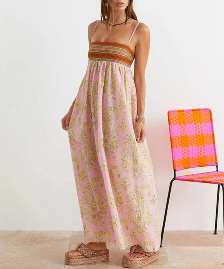 Women's Elegant Summer Print Pink Boho Dress | Maxi