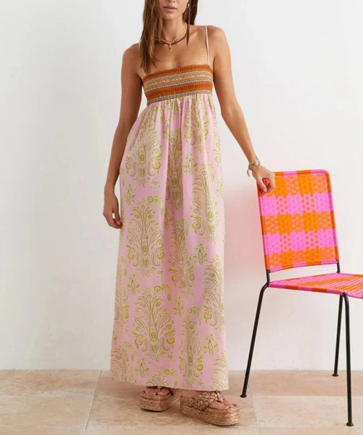 Women's Elegant Summer Print Pink Boho Dress | Maxi