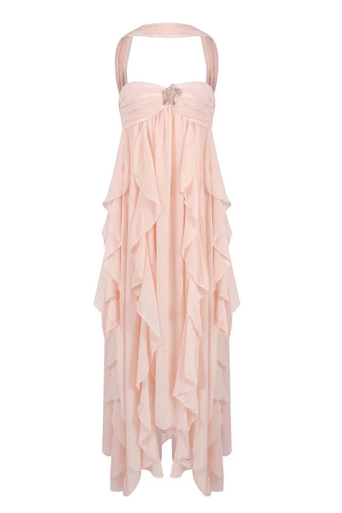 Women's Elegant Pink Ruffled Dress | Maxi
