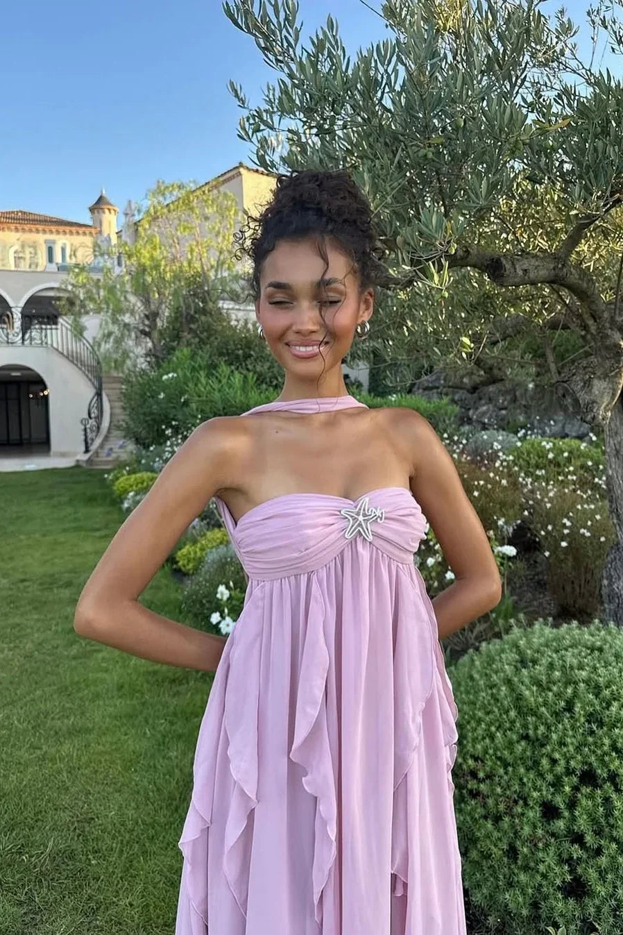 Women's Elegant Pink Ruffled Dress | Maxi