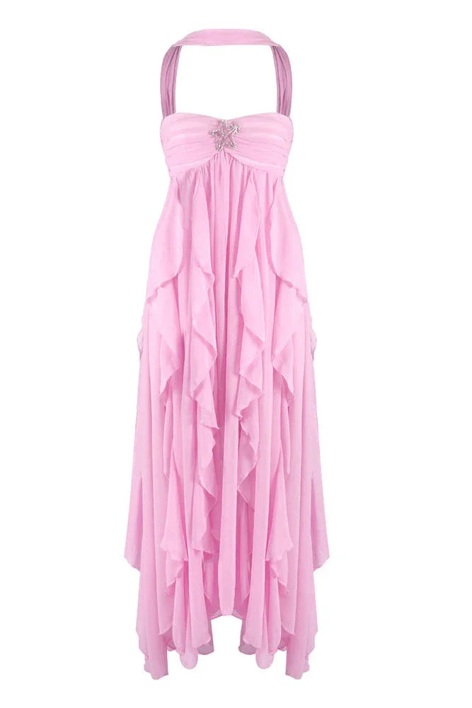 Women's Elegant Pink Ruffled Dress | Maxi