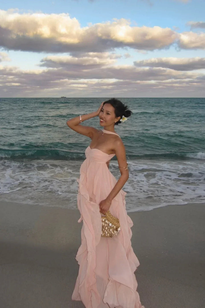 Women's Elegant Pink Ruffled Dress | Maxi