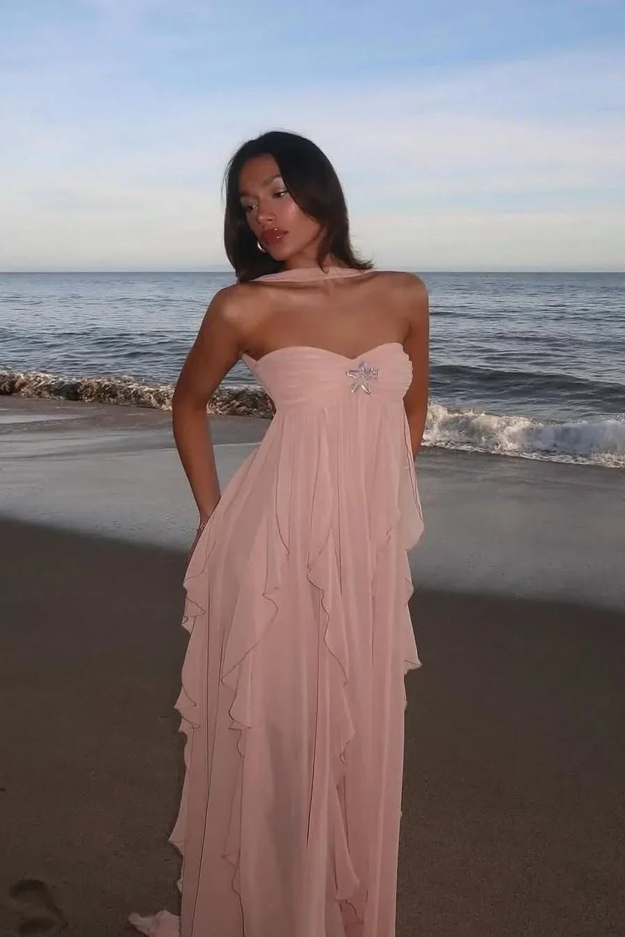 Women's Elegant Pink Ruffled Dress | Maxi