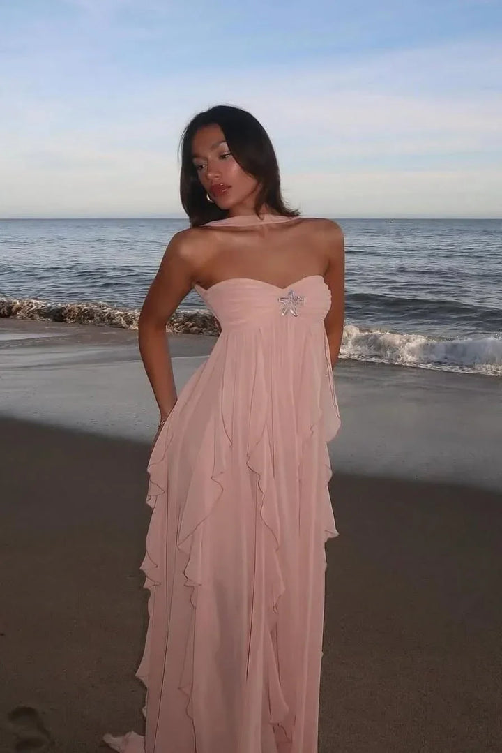 Women's Elegant Pink Ruffled Dress | Maxi