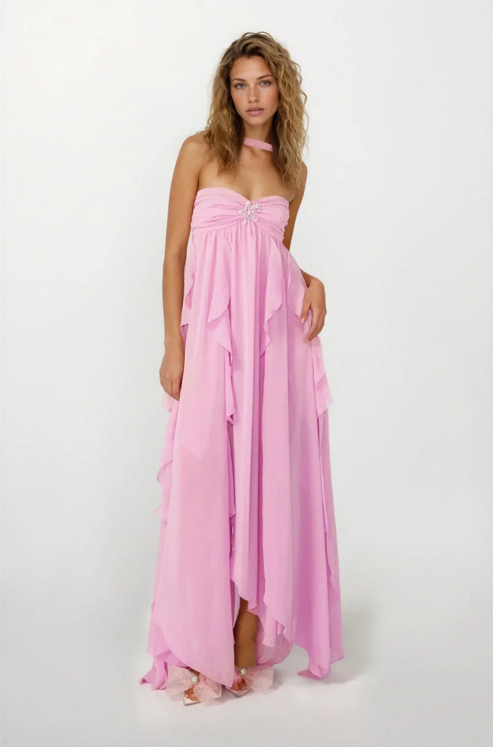 Women's Elegant Pink Ruffled Dress | Maxi