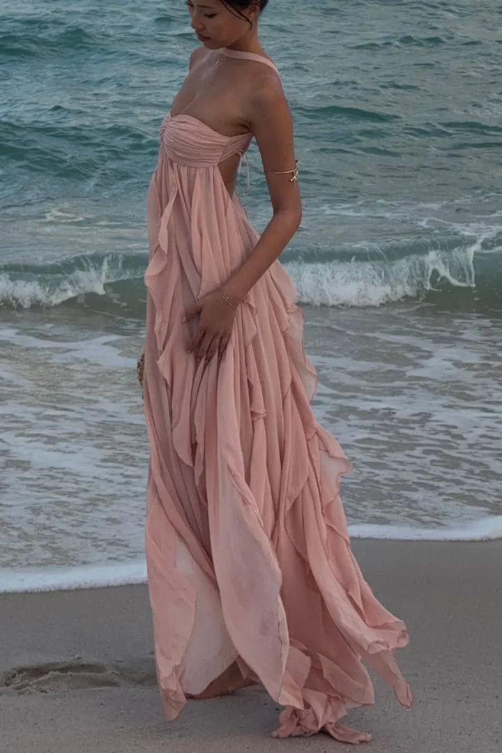 Women's Elegant Pink Ruffled Dress | Maxi