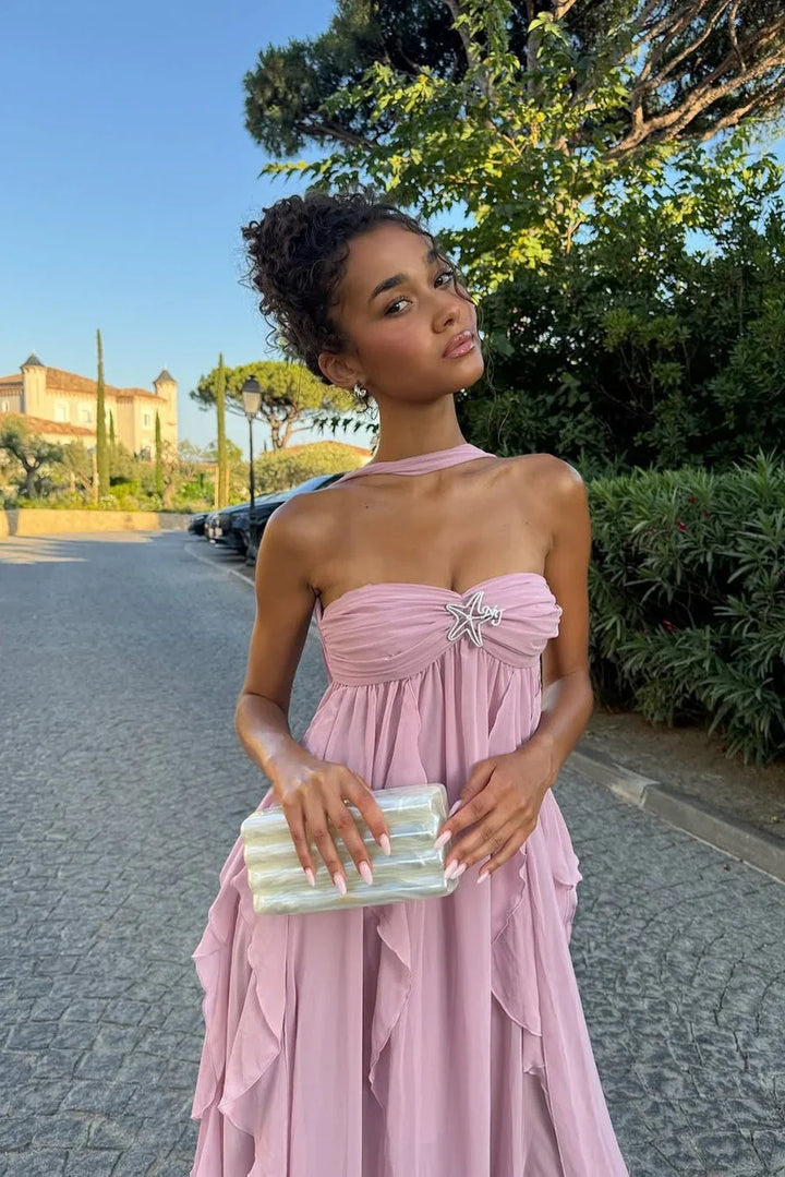 Women's Elegant Pink Ruffled Dress | Maxi