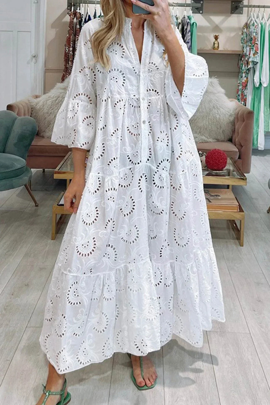 Women's Summer Notch Button Neck Vacation Dress | Maxi