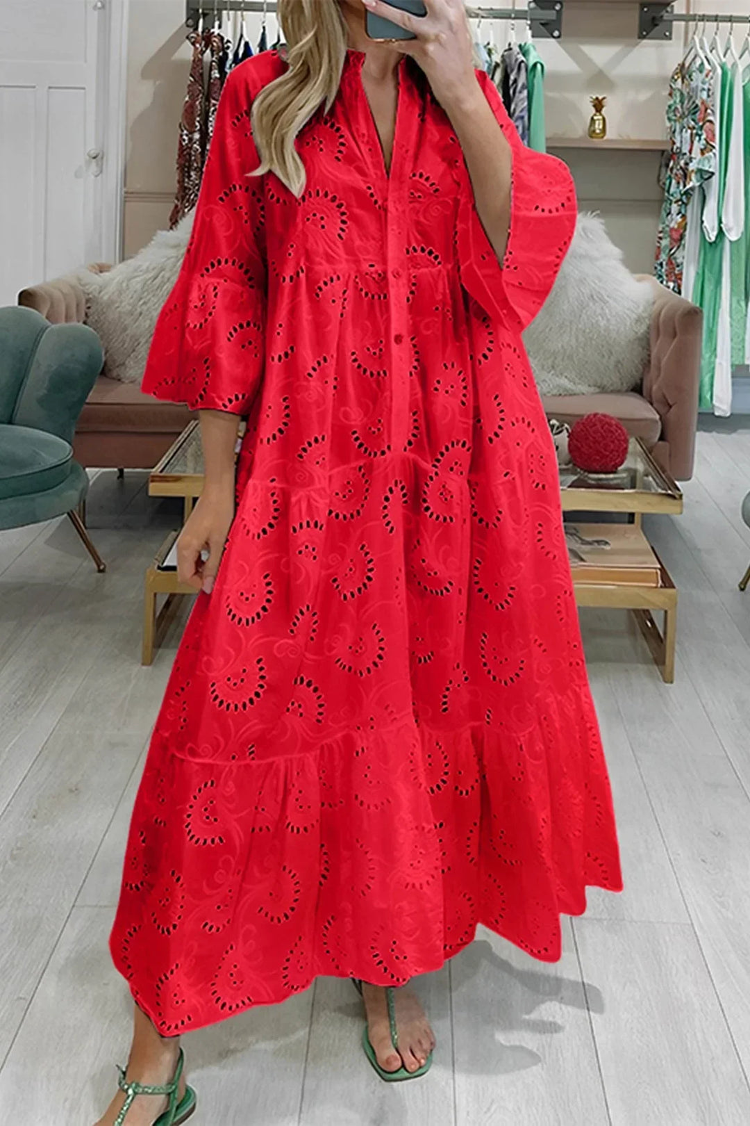 Women's Summer Notch Button Neck Vacation Dress | Maxi