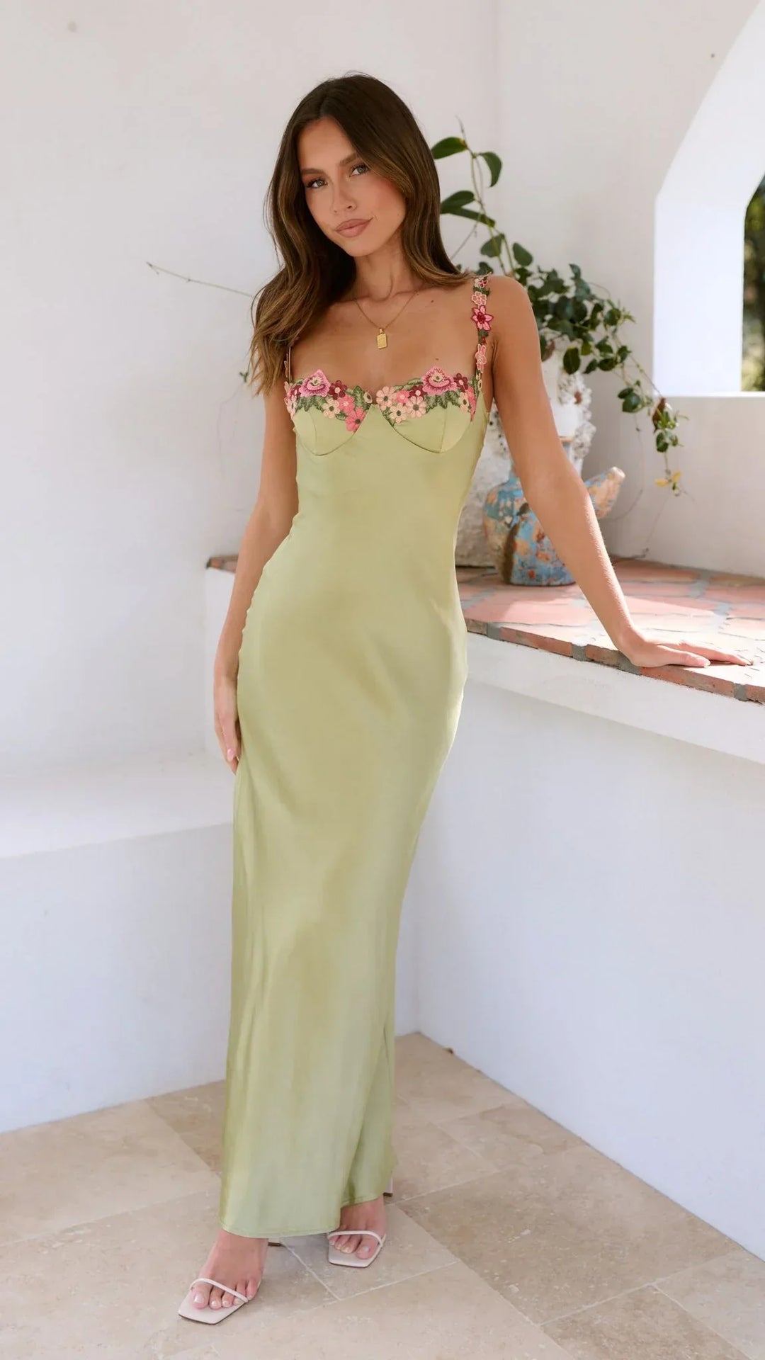 Women's Elegant Floral Strap Detail Fitted Dress | Maxi