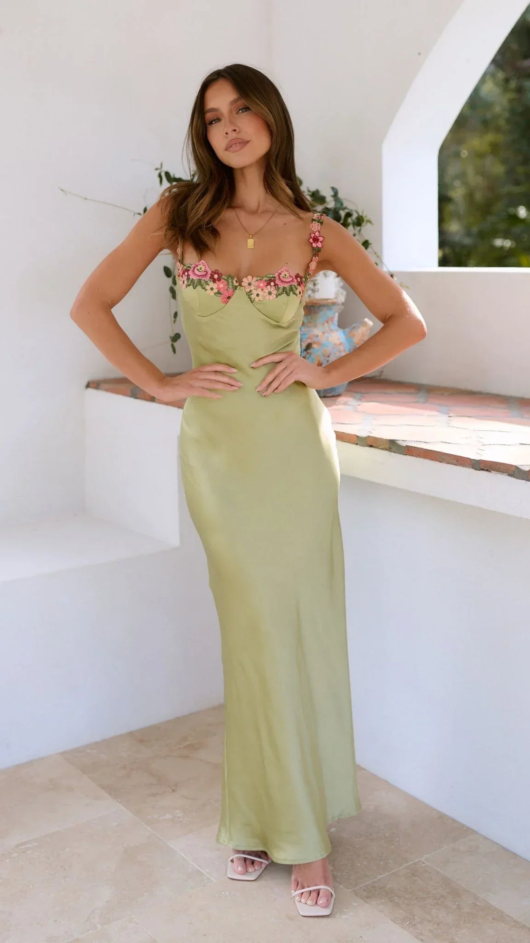 Women's Elegant Floral Strap Detail Fitted Dress | Maxi
