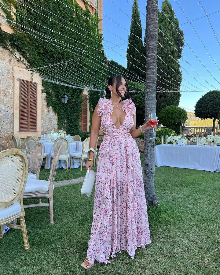 Women's Elegant Wedding Guest Floral Sleeveless Dress | Maxi