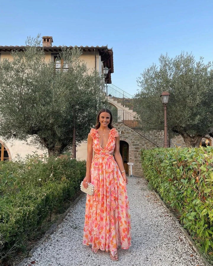 Women's Elegant Wedding Guest Floral Sleeveless Dress | Maxi