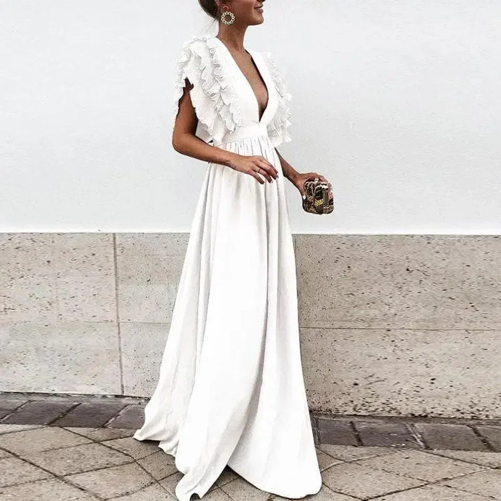 Women's Elegant Wedding Guest Ruffle Sleeve Plunging Neckline Dress | Maxi