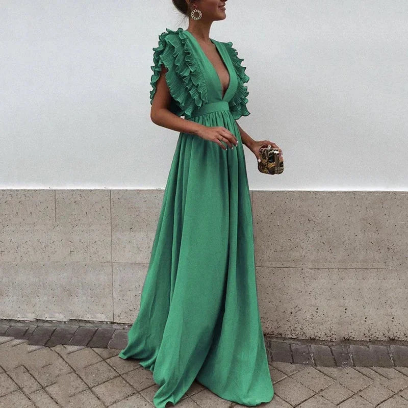 Women's Elegant Wedding Guest Ruffle Sleeve Plunging Neckline Dress | Maxi