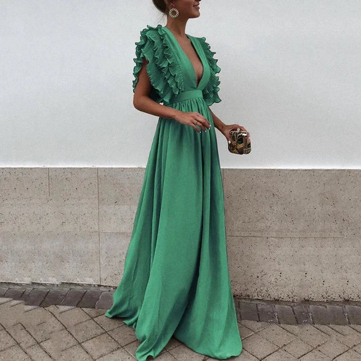 Women's Elegant Wedding Guest Ruffle Sleeve Plunging Neckline Dress | Maxi