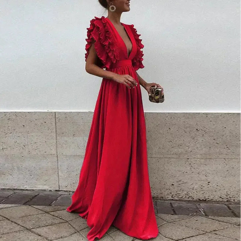 Women's Elegant Wedding Guest Ruffle Sleeve Plunging Neckline Dress | Maxi