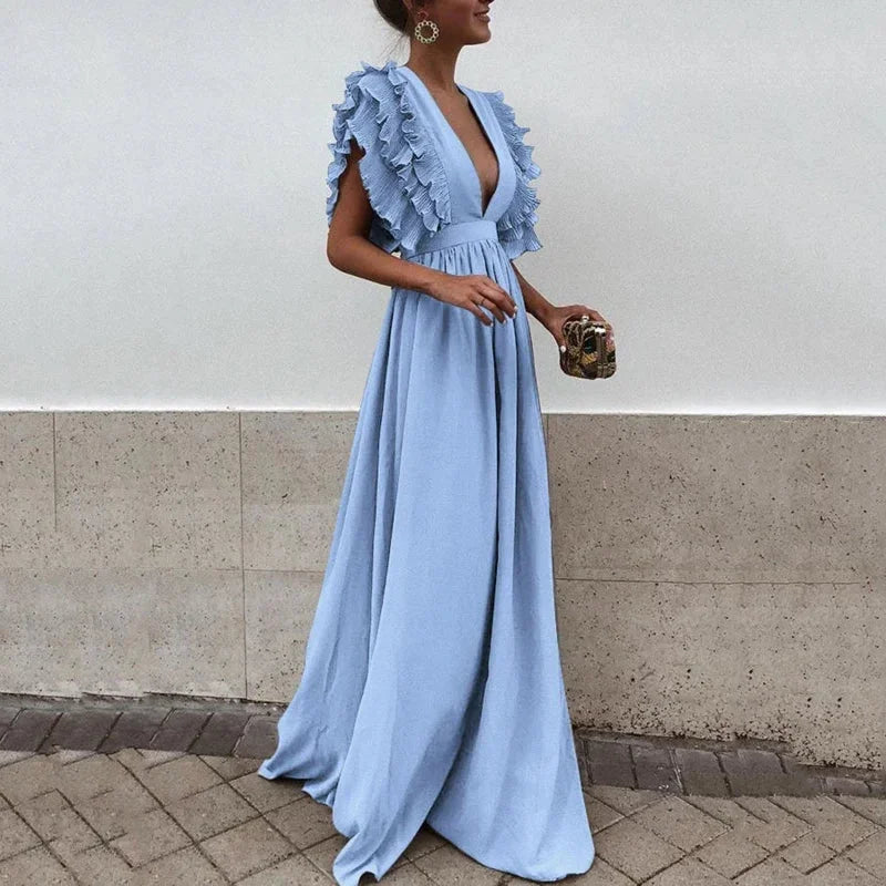 Women's Elegant Wedding Guest Ruffle Sleeve Plunging Neckline Dress | Maxi