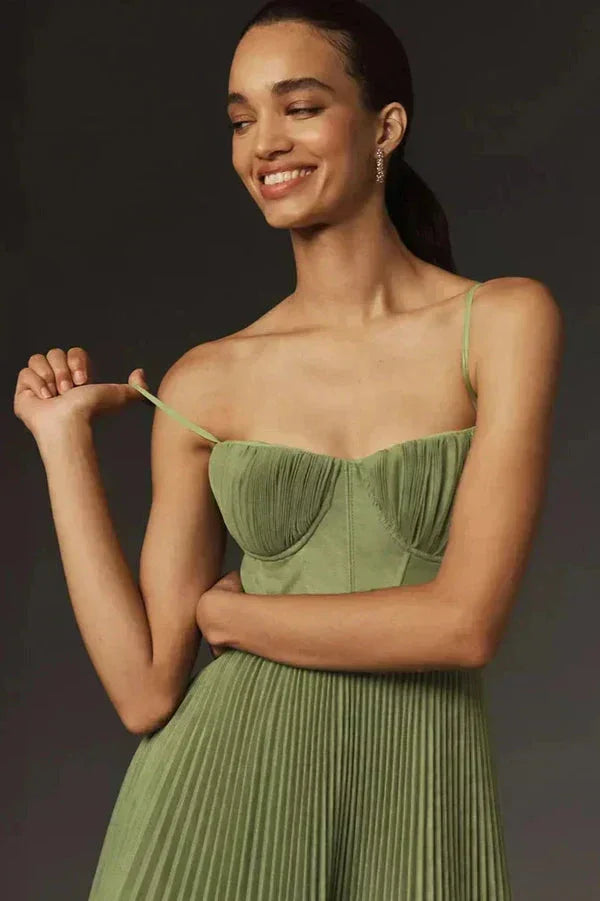 Women's Elegant Wedding Guest Green Pleated Dress | Midi