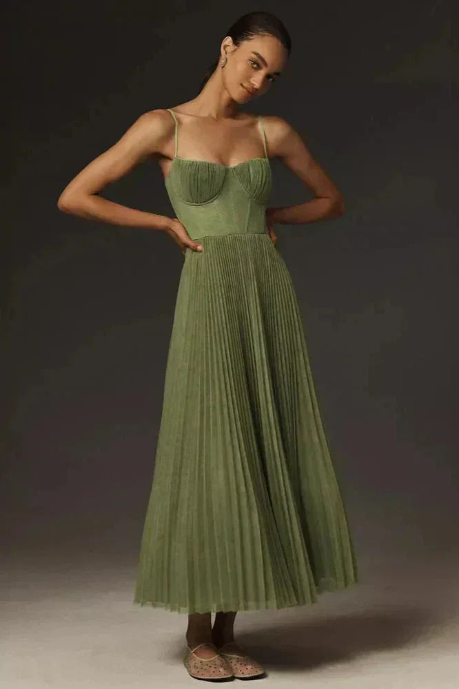 Women's Elegant Wedding Guest Green Pleated Dress | Midi
