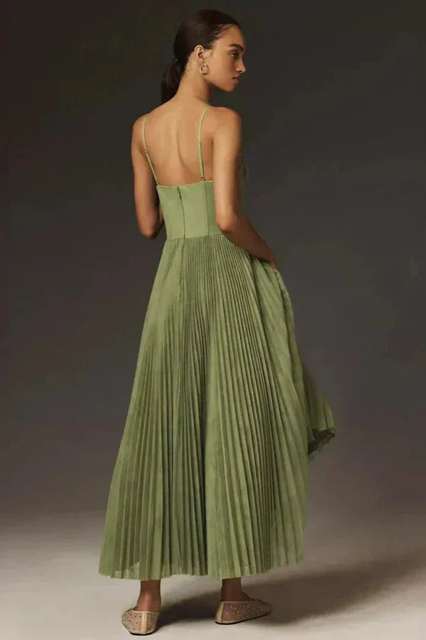 Women's Elegant Wedding Guest Green Pleated Dress | Midi