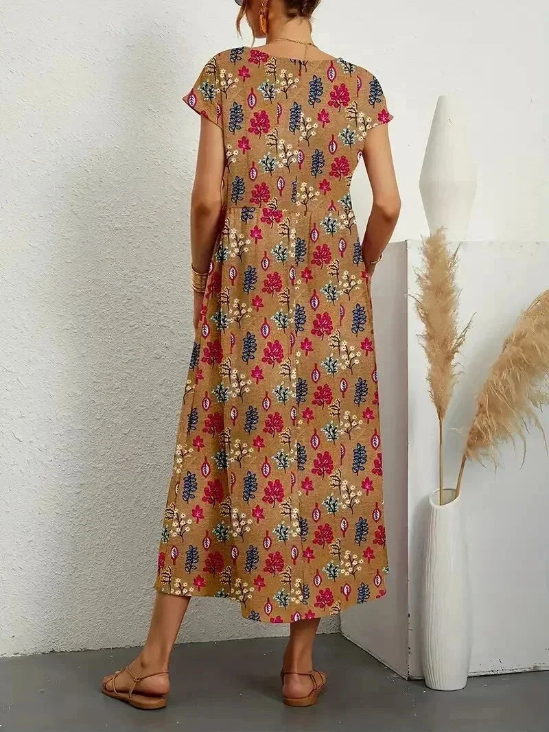 Women's Boho Floral Print Dress with Pockets | Midi