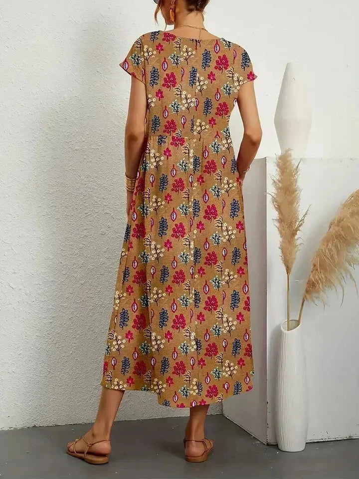 Women's Boho Floral Print Dress with Pockets | Midi