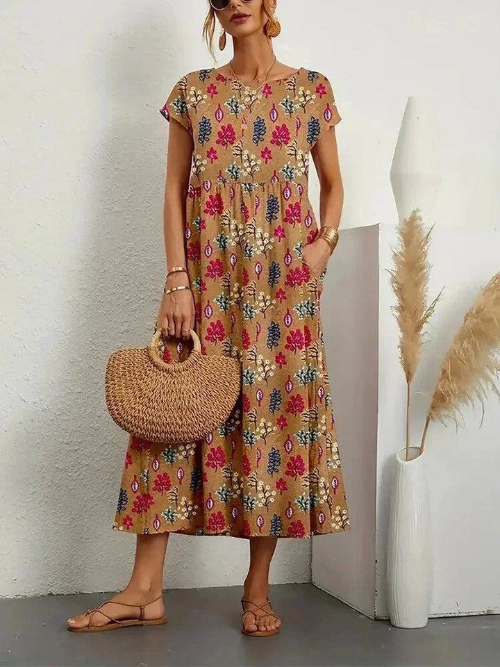 Women's Boho Floral Print Dress with Pockets | Midi