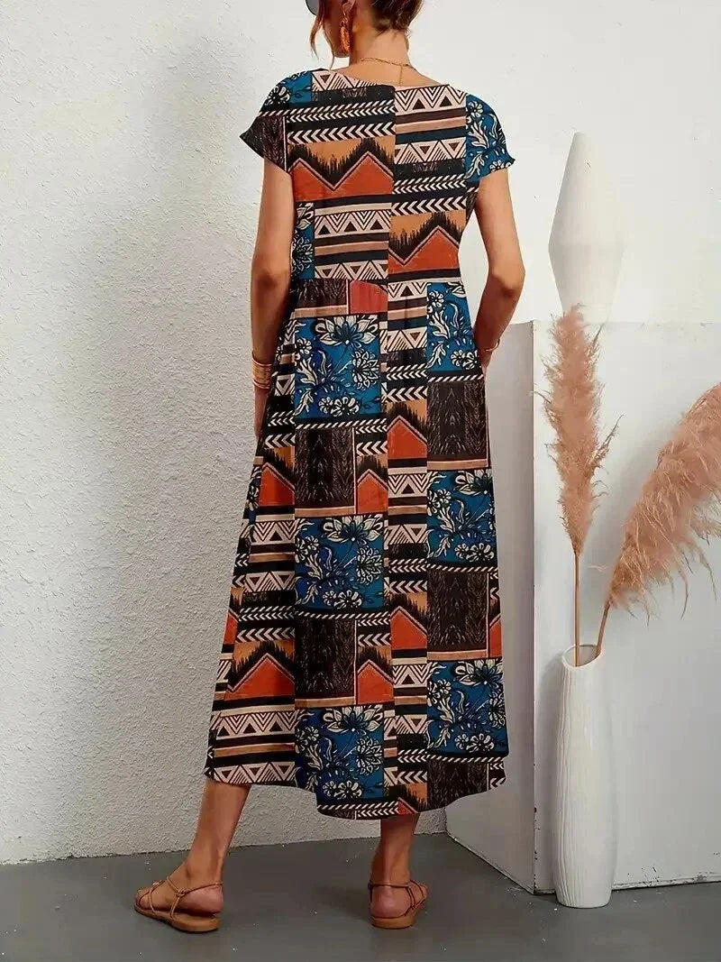 Women's Boho Floral Print Dress with Pockets | Midi