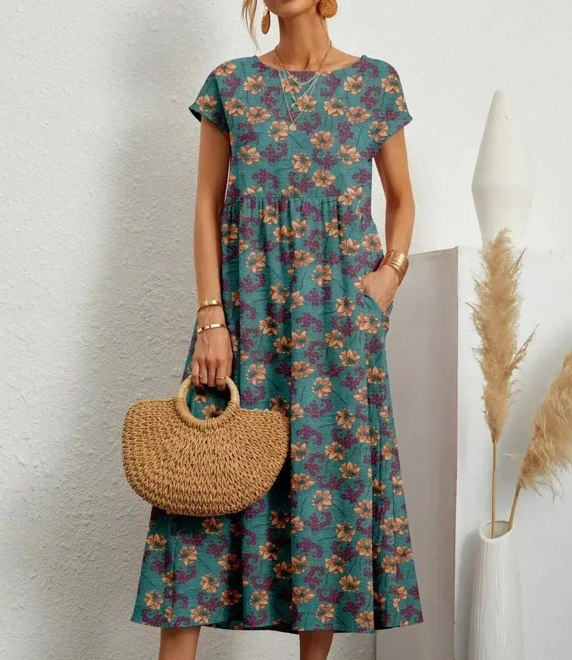 Women's Boho Floral Print Dress with Pockets | Midi