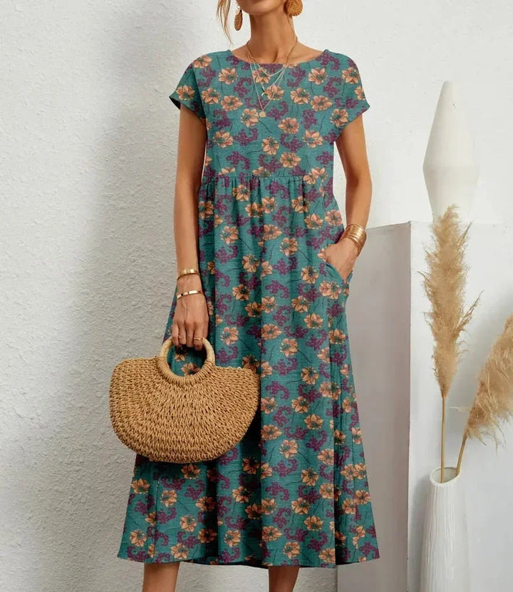 Women's Boho Floral Print Dress with Pockets | Midi