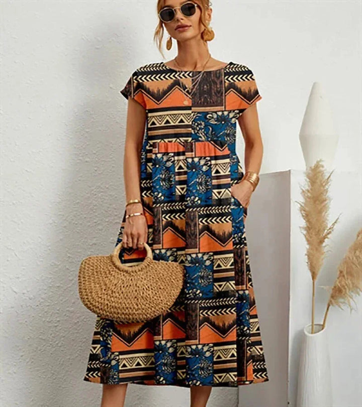 Women's Boho Floral Print Dress with Pockets | Midi