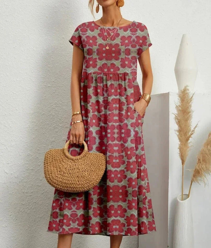 Women's Boho Floral Print Dress with Pockets | Midi
