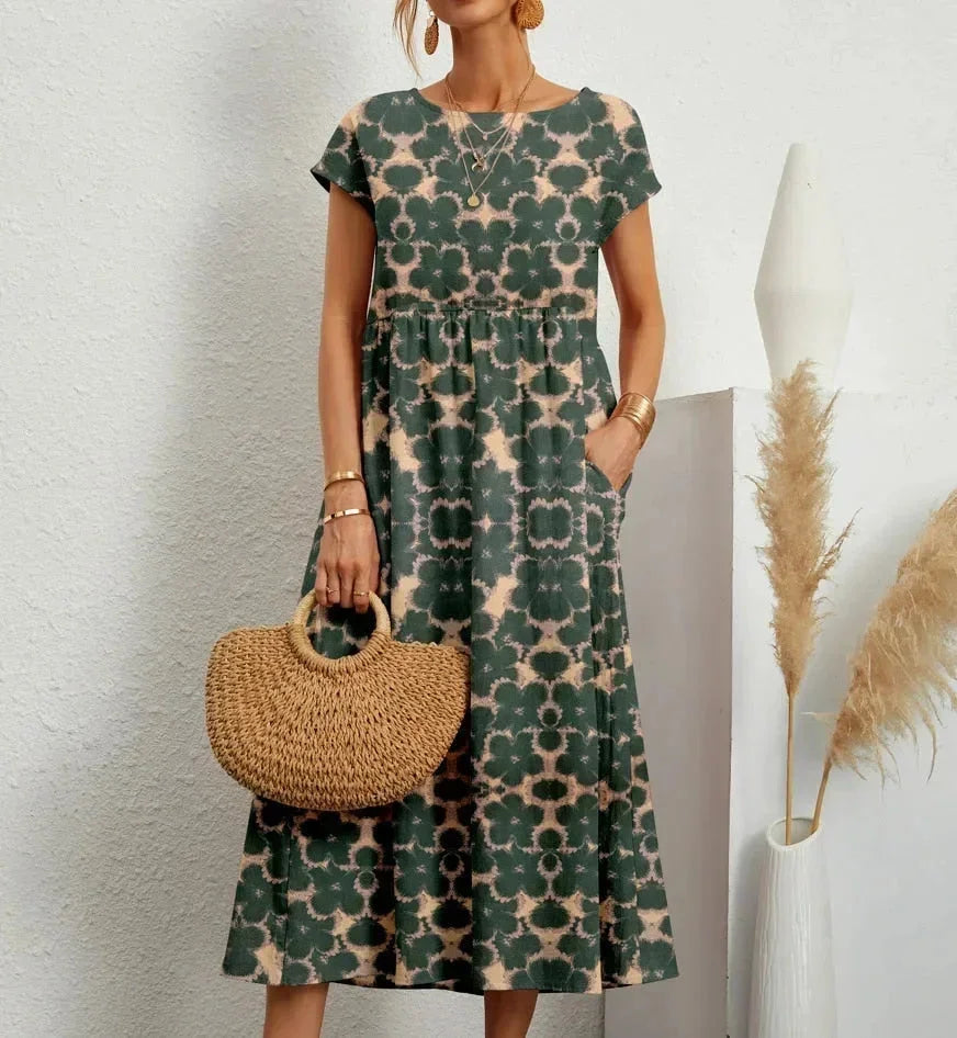 Women's Boho Floral Print Dress with Pockets | Midi