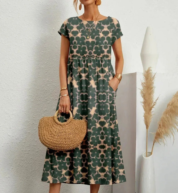 Women's Boho Floral Print Dress with Pockets | Midi