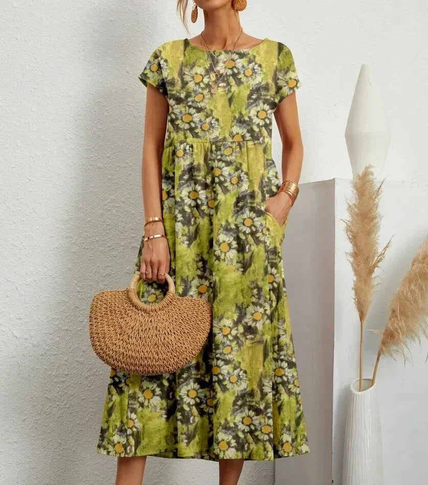 Women's Boho Floral Print Dress with Pockets | Midi
