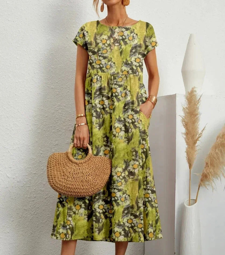 Women's Boho Floral Print Dress with Pockets | Midi