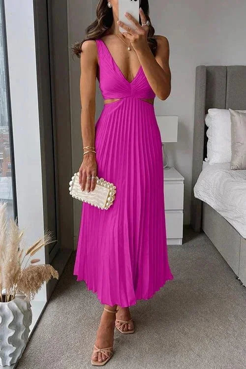 Women's Elegant Pleated Cutout Evening Dress | Midi