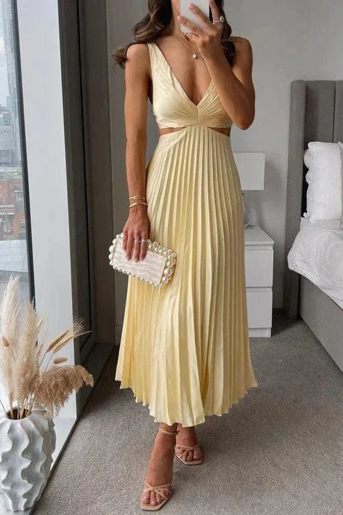 Women's Elegant Pleated Cutout Evening Dress | Midi