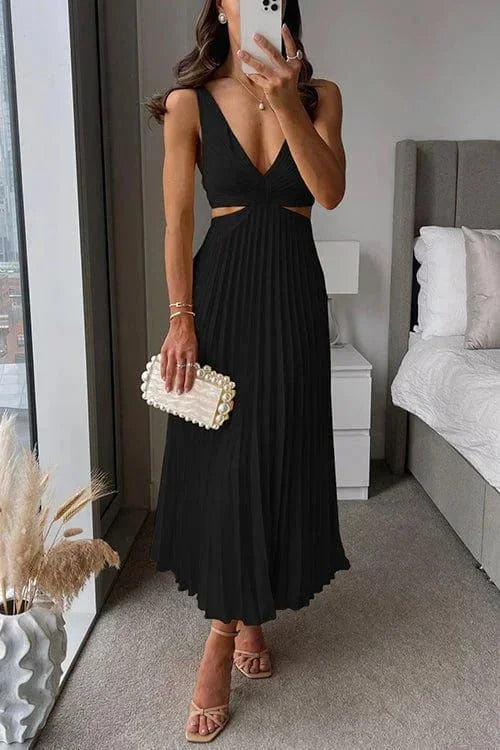 Women's Elegant Pleated Cutout Evening Dress | Midi