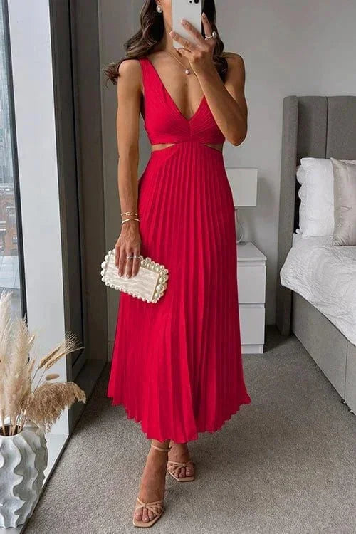 Women's Elegant Pleated Cutout Evening Dress | Midi