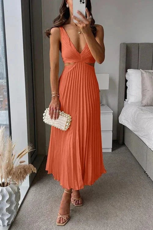 Women's Elegant Pleated Cutout Evening Dress | Midi