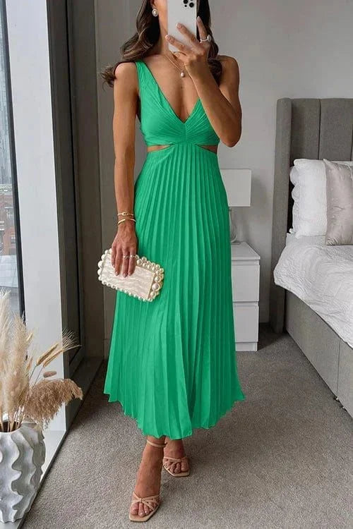 Women's Elegant Pleated Cutout Evening Dress | Midi