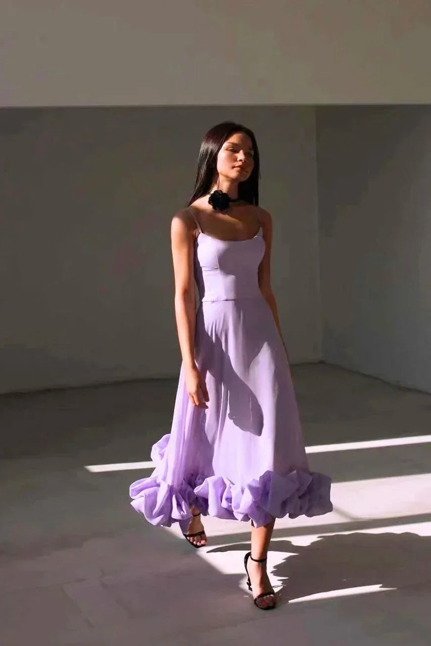 Women's Elegant Wedding Guest Ruffled Hem Dress | Midi