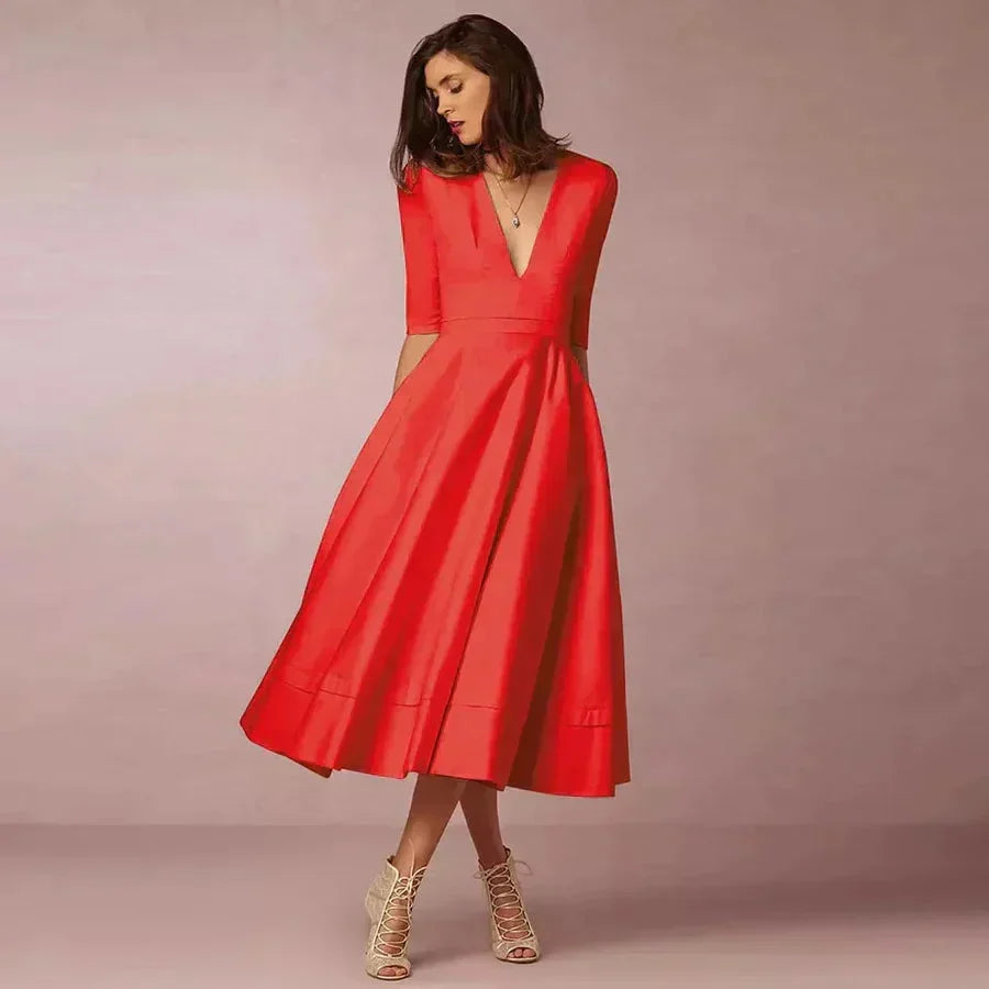 Women's Elegant Tailored Flared Dress with Pockets | Midi